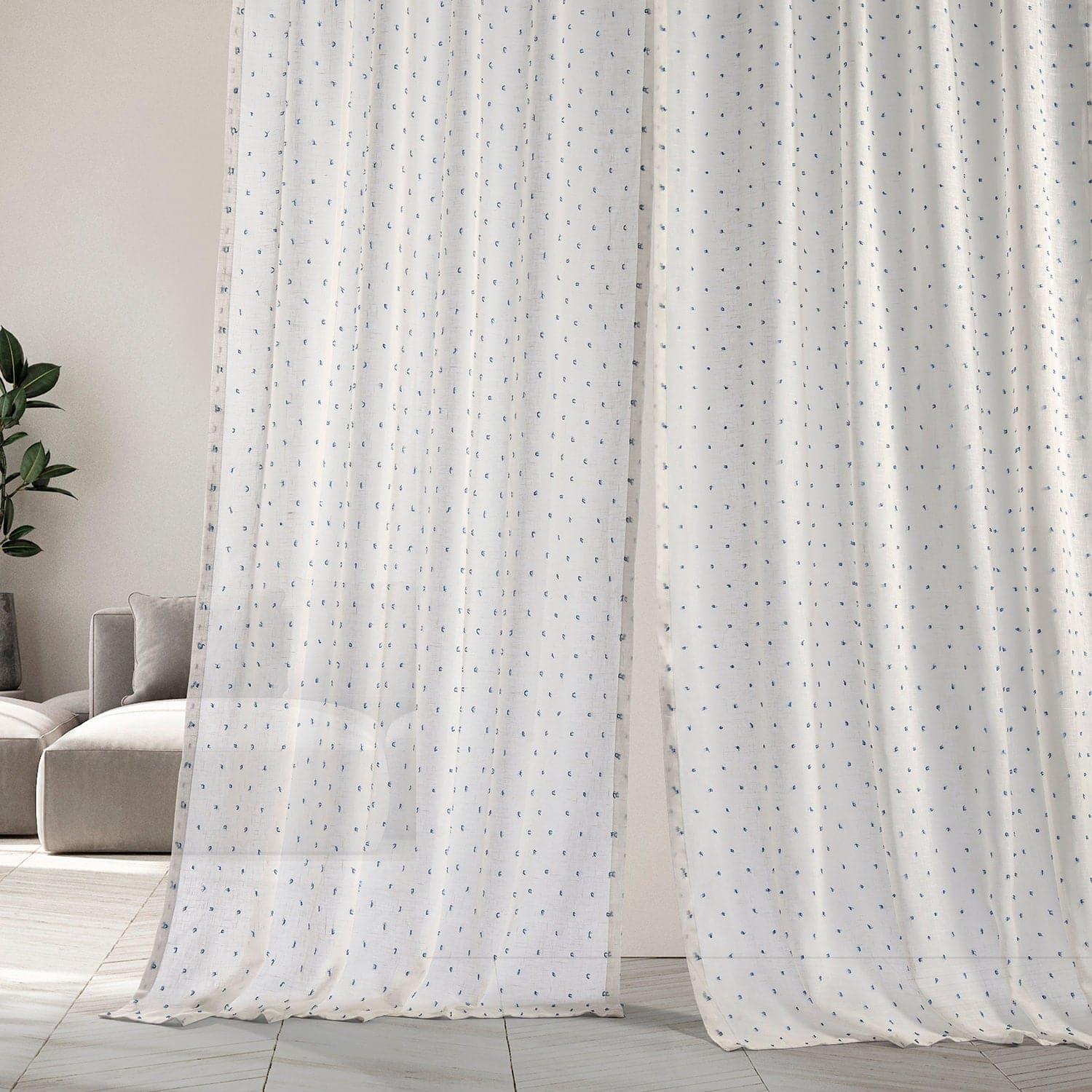 Altair Blue Geometric Patterned Faux Linen Sheer Curtain - Image 5