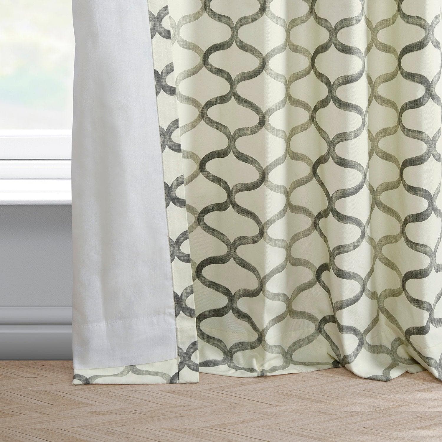 Illusions Silver Grey Geometric Printed Cotton Room Darkening Curtain - Image 5