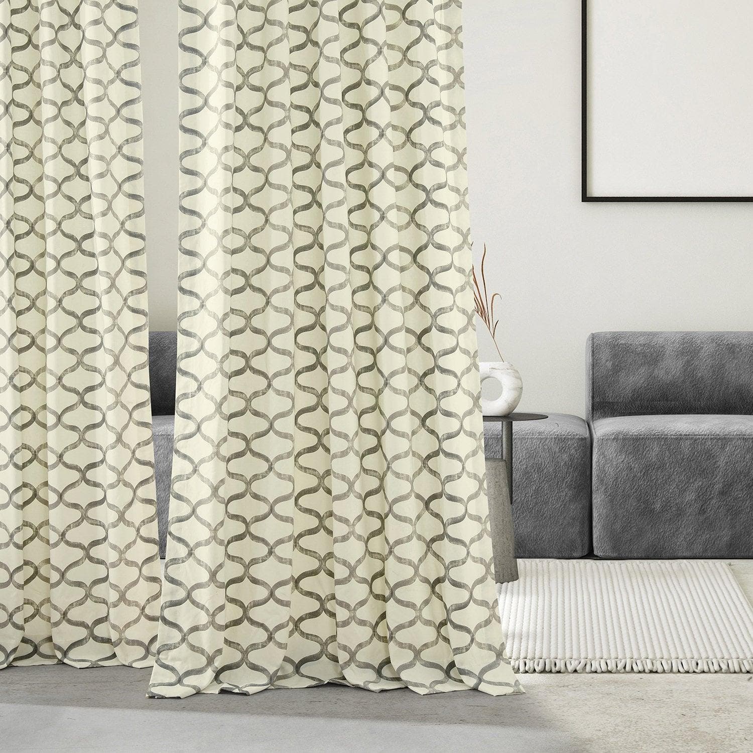 Illusions Silver Grey Geometric Printed Cotton Room Darkening Curtain - Image 6