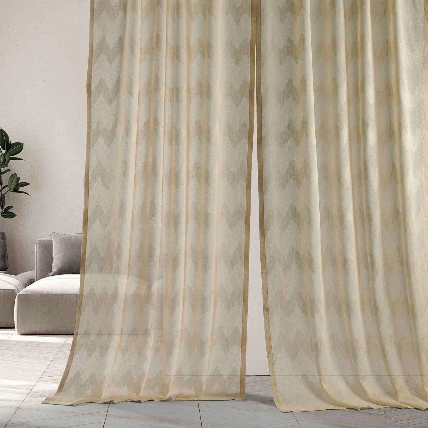 Sirius Beige Striped Patterned Faux Linen Sheer Curtain - Image 5