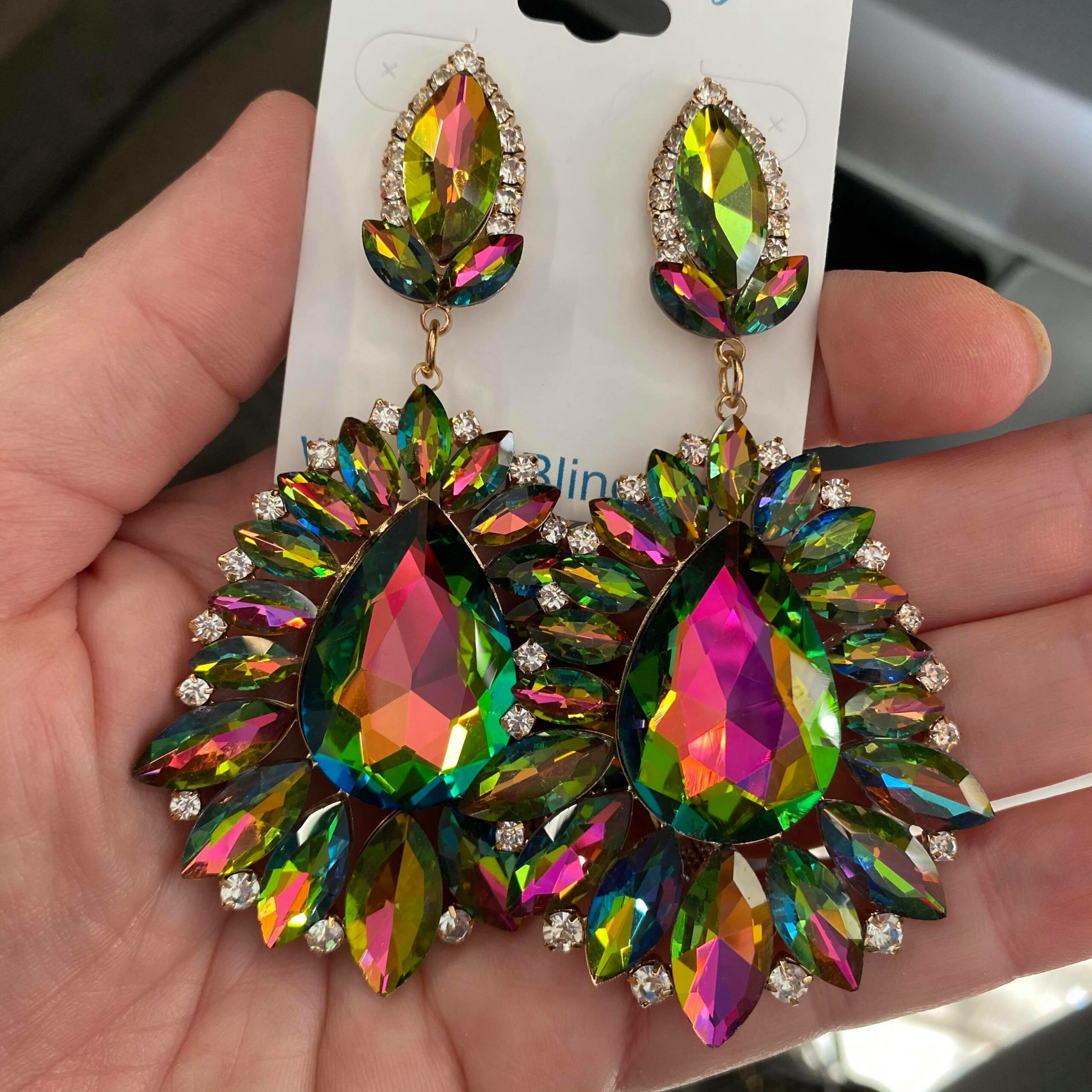 Multi-Color Crystal Drop Statement Earrings on Gold | Prom Earrings | 469556