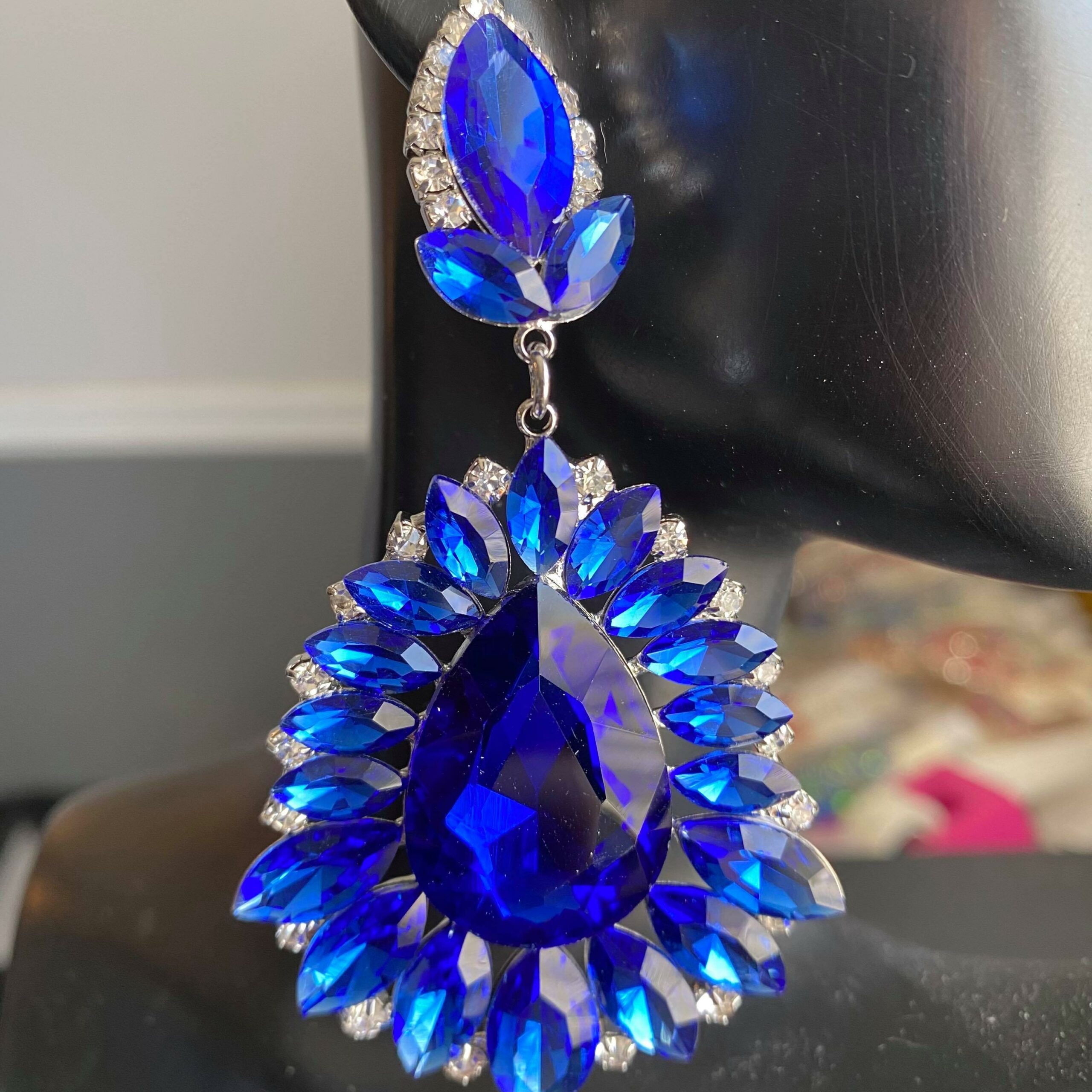 Sapphire Crystal Drop Statement Earrings on Silver | Prom Earrings | 491866