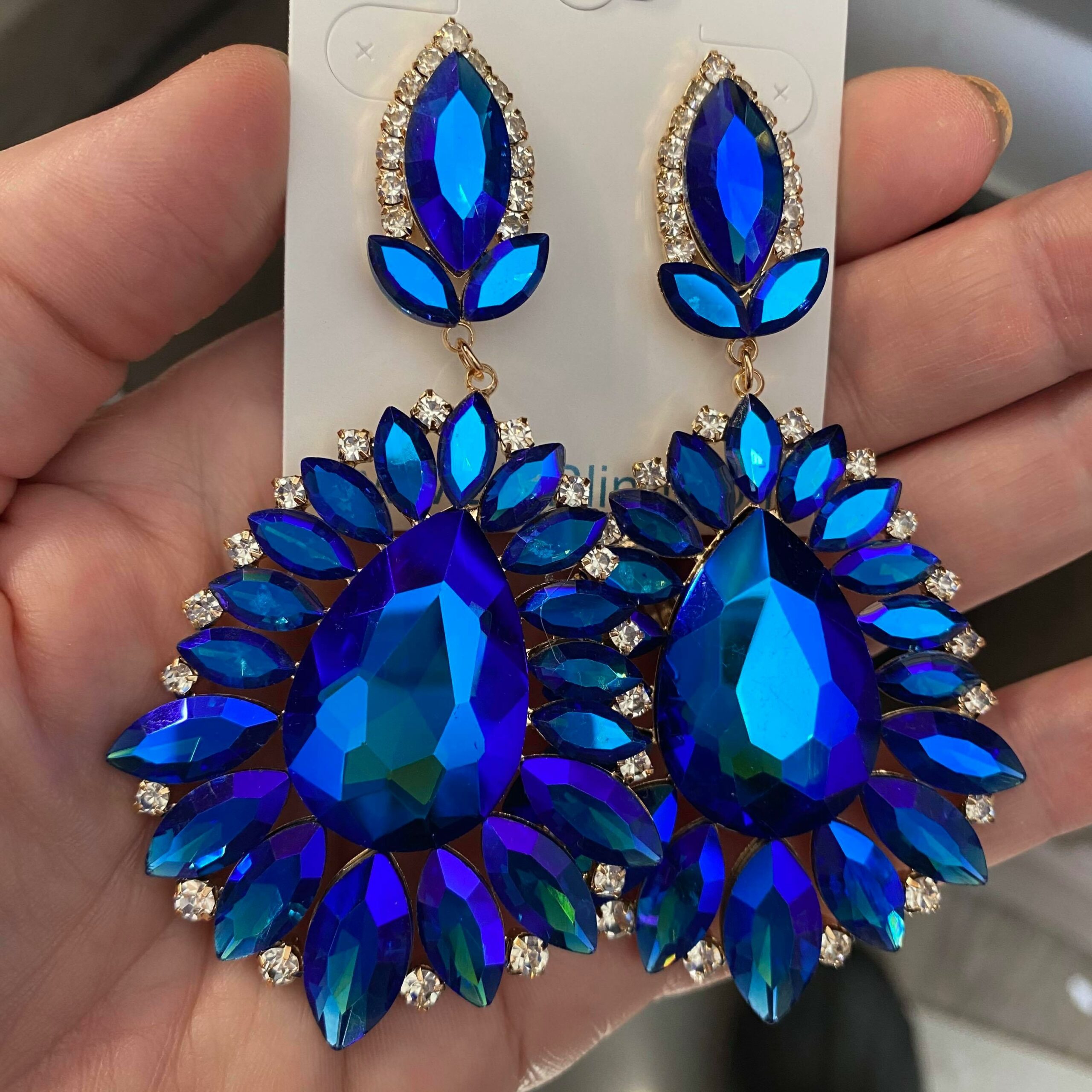 Sapphire Crystal Drop Statement Earrings on Gold | Prom Earrings | 491868