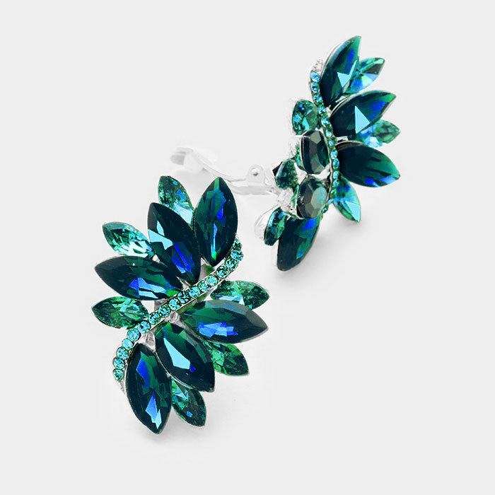 Aqua and Blue Zircon | Peacock | Crystal Rhinestone Earrings | Clip On | 338938