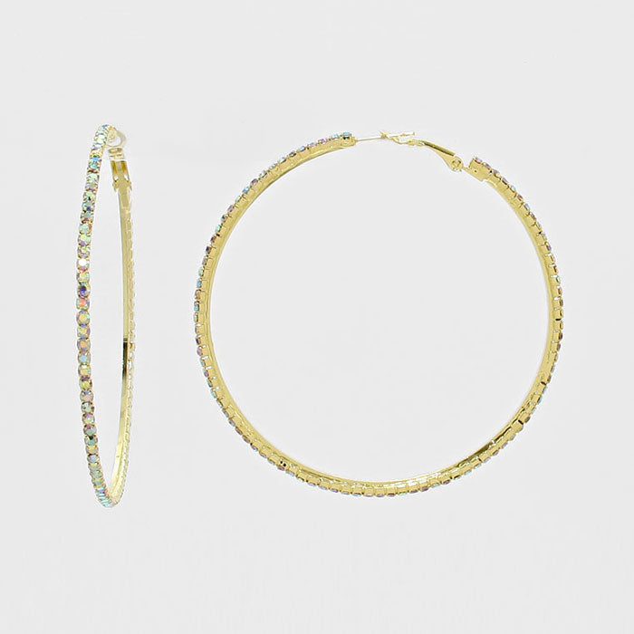 AB Rhinestone Hoop Earrings on Gold | 2.5″ | 269221