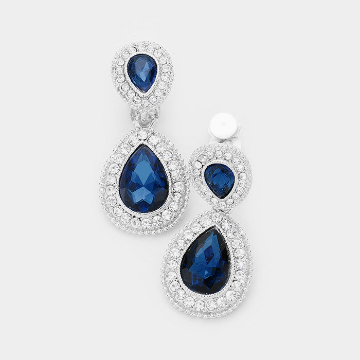 Little Girls Navy Double Crystal Teardrop Clip On Earrings | 398727