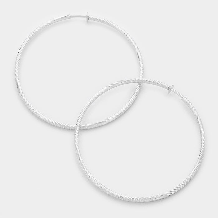 Clip On Textured Silver Hoops | 3″ | 142488