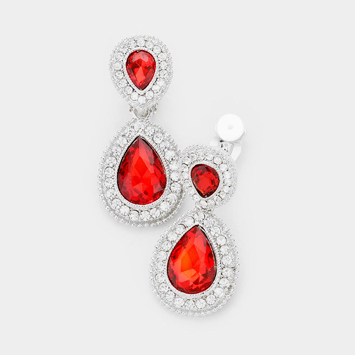 Little Girls Red Double Crystal Teardrop Clip On Earrings | 398729