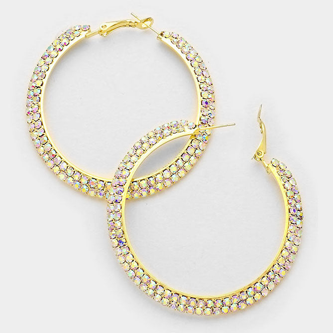 Two Row AB Crystal Hoop Earrings on Gold | 2.3″ | 210547