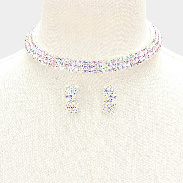 Three Row AB Crystal Choker and Earrings | 127754