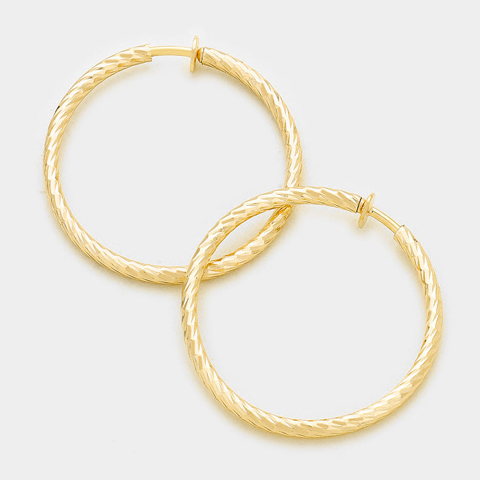 Textured Gold CLIP ON Hoop Earrings | 2.25″ | 142470