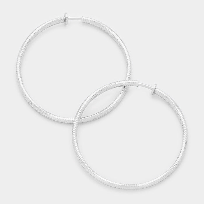 Silver Textured Metal Clip On Hoop Earrings | 3″ | 340796