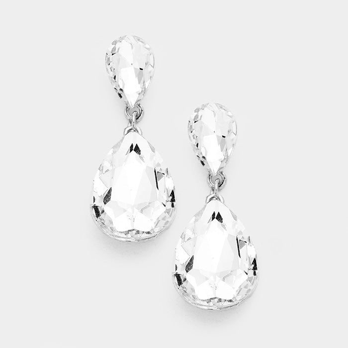 Crystal Double Teardrop Pageant Earrings on Silver for Little Girls | 387922