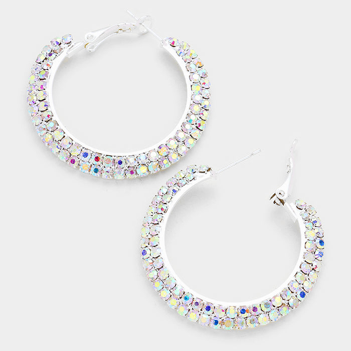 Two Row AB on Silver Crystal Hoop Earrings | 1.7″ | 145976