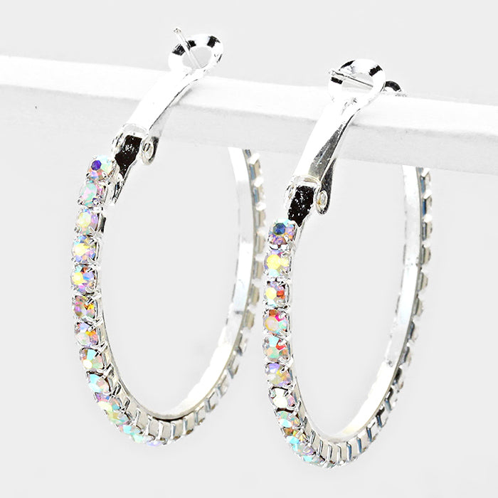 AB on Silver Crystal Rhinestone Hoop Earrings | 1.25″ | 225460