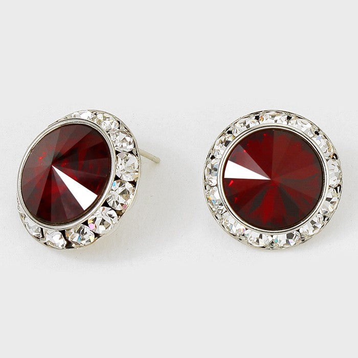 Austrian Dark Red Crystal Round Stud Earrings | 7/8″ | 122931