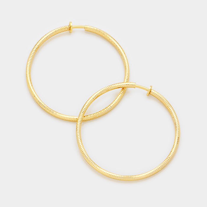 Gold Textured Hoop Clip On Earrings | 2.25″ | 340792