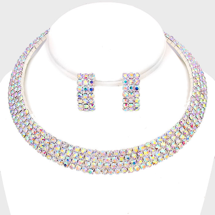 Four Row AB Crystal Rhinestone Choker and Earrings | 207802