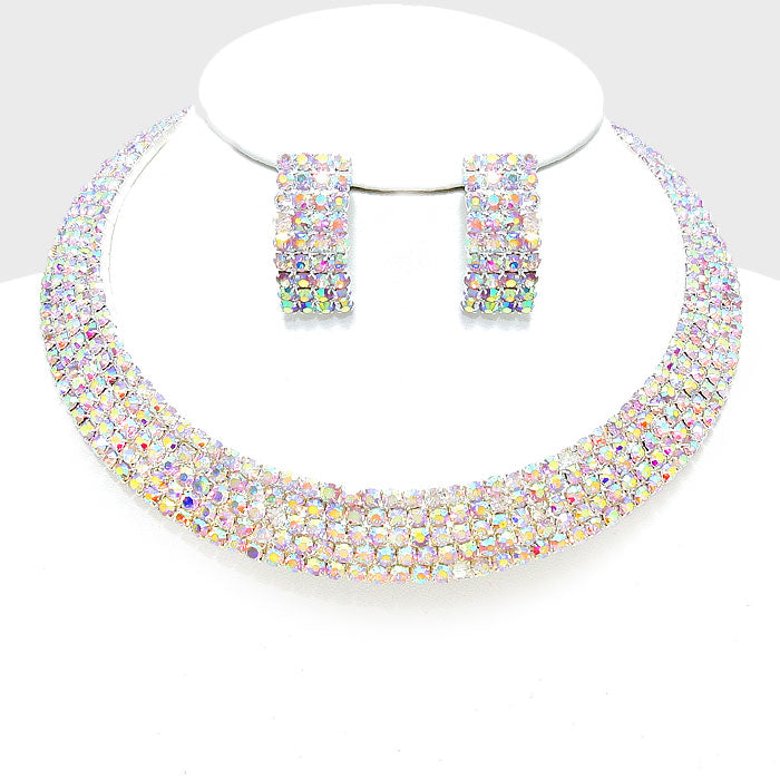 Five Row AB Crystal Rhinestone Choker and Earrings | 171518