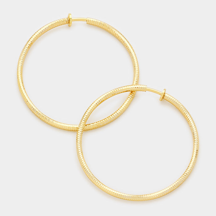 Gold Textured Metal Clip On Hoop Earrings | 3″ | 340794