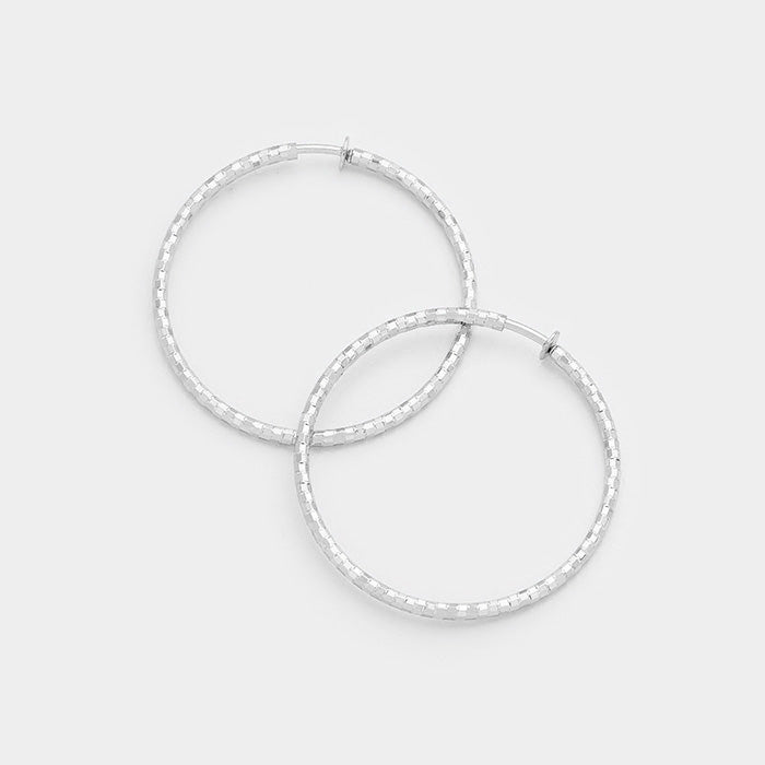 Hypoallergenic Textured Silver Metal Clip Hoop Earrings | 1.75″ | 255895