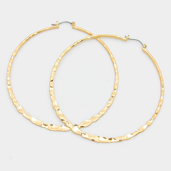 Gold Metal Hoop Pin Catch Textured Earrings | 3.25″ | 312014