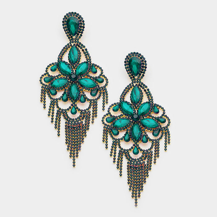 Very Large Emerald Crystal Flower Fringe Earrings | Statement Earrings | 428177