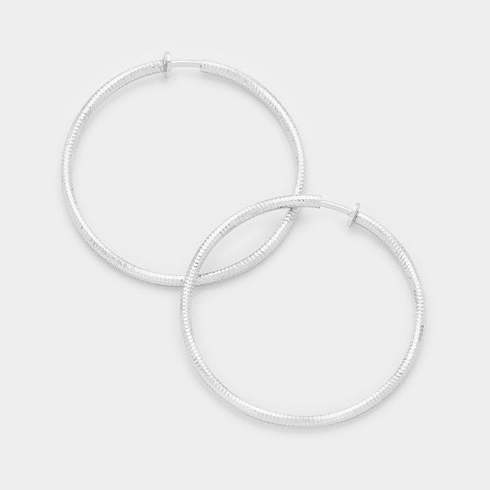 Large Clip On Silver Textured Hoop Earrings | 2.25″ | 340793