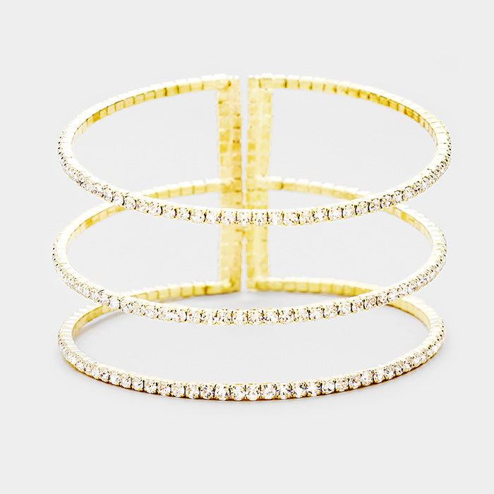 3 Row Split Layer Round Crystal Cuff Bracelet on Gold | 397423