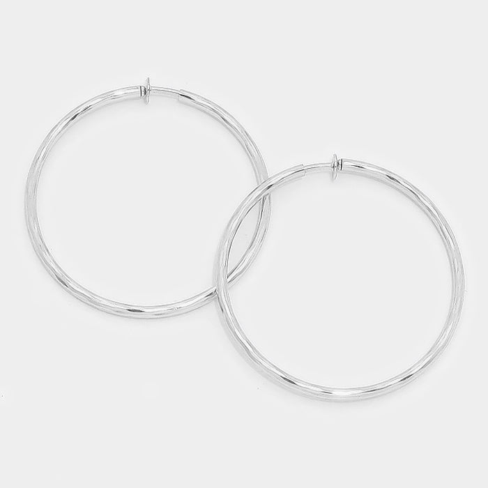 Clip On Silver Hoop Earrings | 2.3″ | 142685