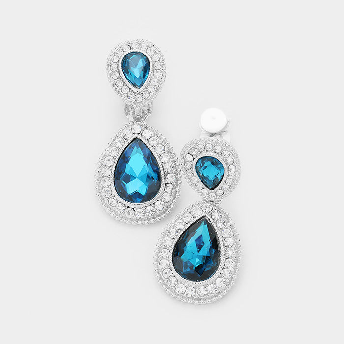 Little Girls Teal Double Crystal Teardrop Clip On Earrings | 398728