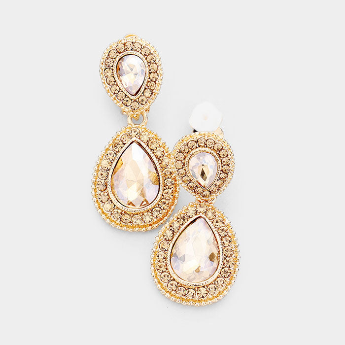 Little Girls Double Gold Stoned Crystal Teardrop Clip On Earrings | 412378