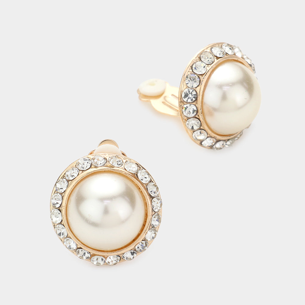 Cream Pearl Clip On Stud Earrings on Gold | Bridal Jewelry | 609648