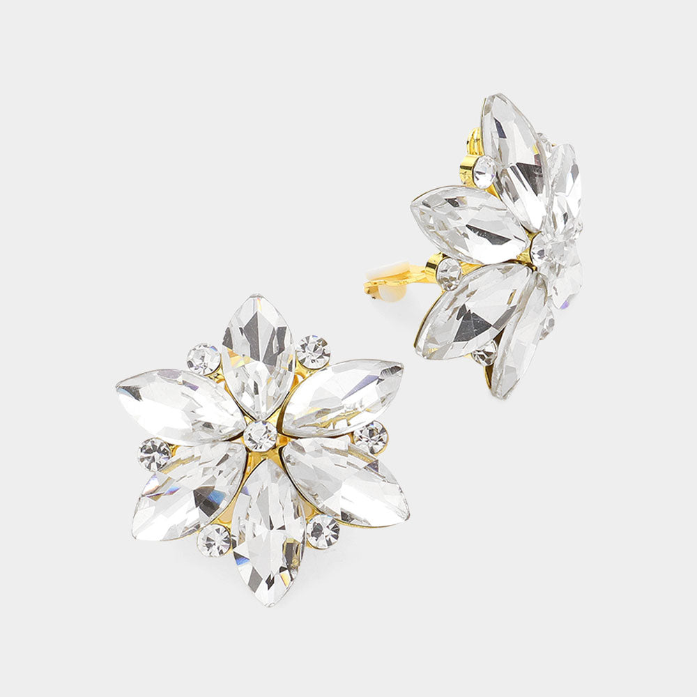 Clear Marquise Stone Cluster Flower Clip On Pageant Earrings on Gold | Interview Clip On Earrings | 631813