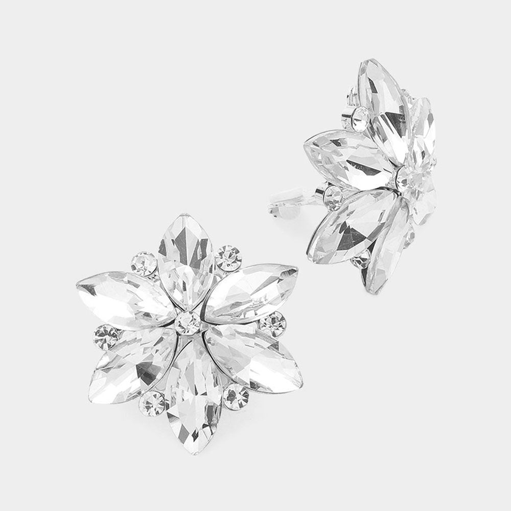 Clear Marquise Stone Cluster Flower Clip On Pageant Earrings | Interview Clip On Earrings | 631812