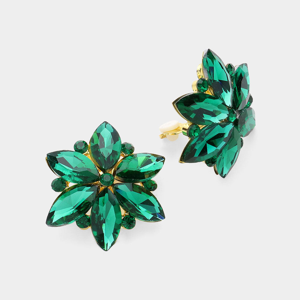 Emerald Marquise Stone Cluster Flower Clip On Pageant Earrings | Interview Clip On Earrings | 631824