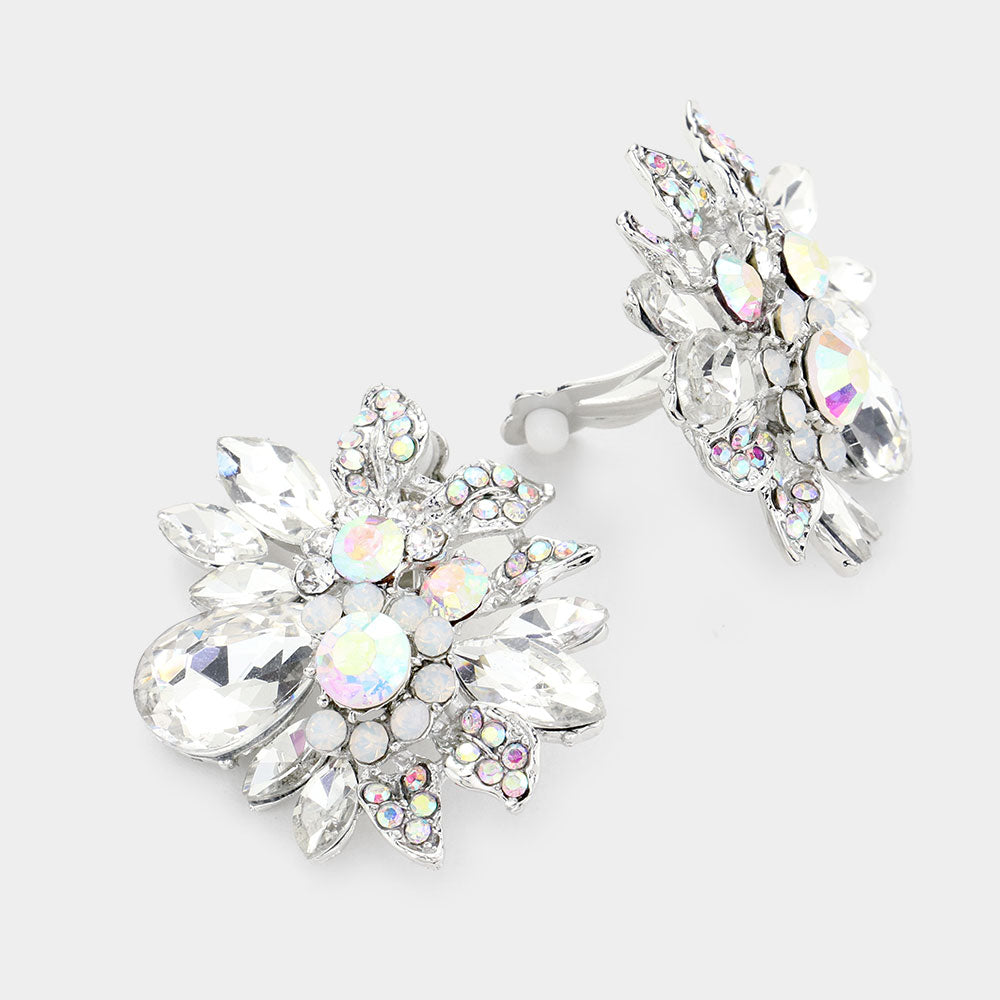 Floral Multi Stone AB Crystal Clip On Pageant Earrings | Interview Earrings | 502719