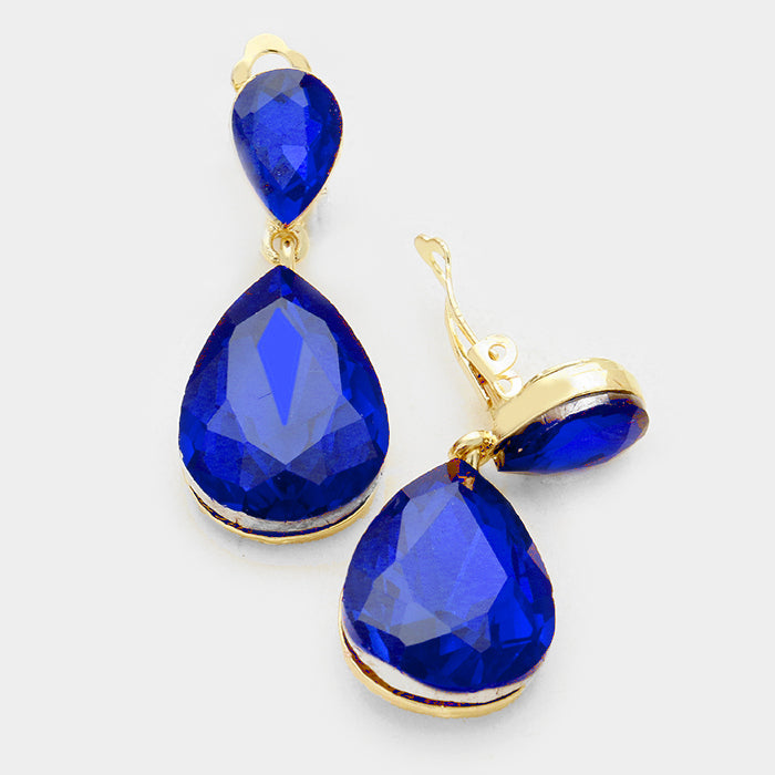 Little Girls Clip on Sapphire Crystal Teardrop Earrings on Gold | 334673