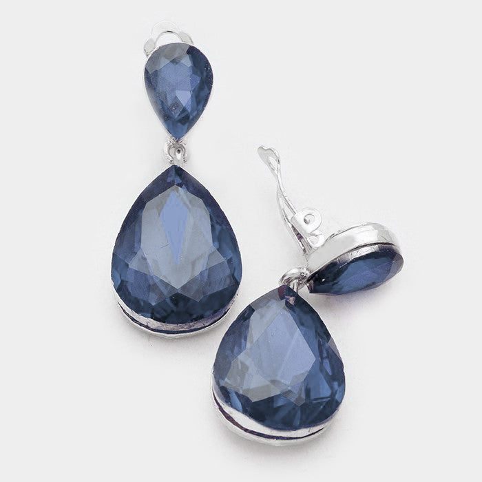 Little Girls Clip on Navy Crystal Teardrop Earrings | 452322