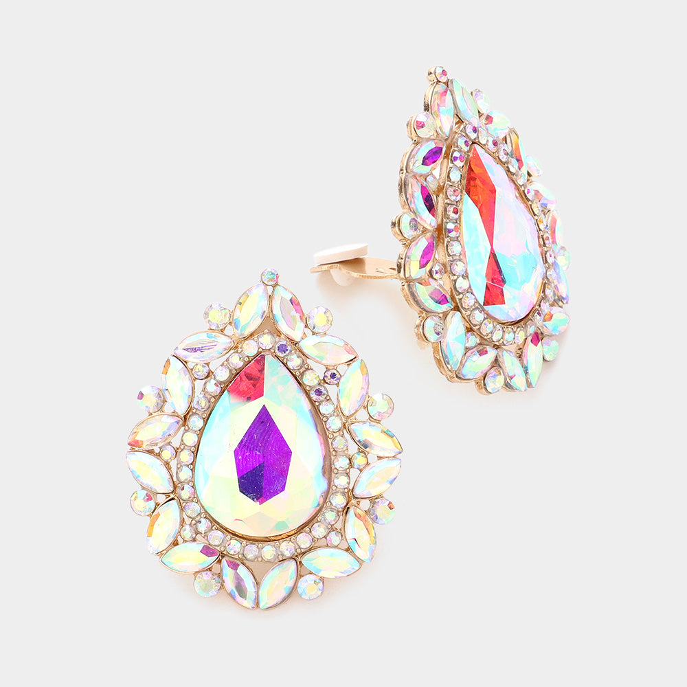 AB Teardrop Stone Clip On Pageant Earrings on Gold | Interview Earrings | 584475