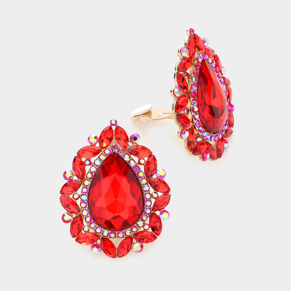 Red Teardrop Stone Clip On Pageant Earrings | Interview Earrings | 584480