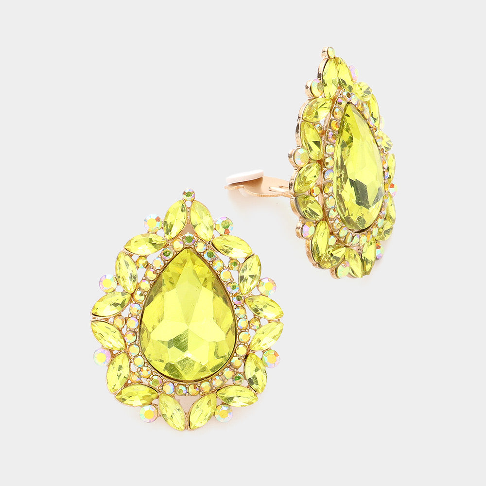 Yellow Teardrop Stone Clip On Pageant Earrings | Interview Earrings | 584481