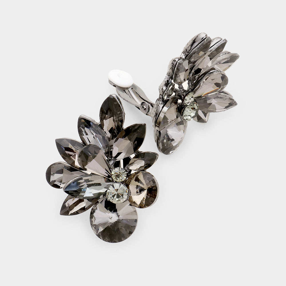 Black Diamond Floral Clip On Pageant Earrings | Interview Earrings | 444483