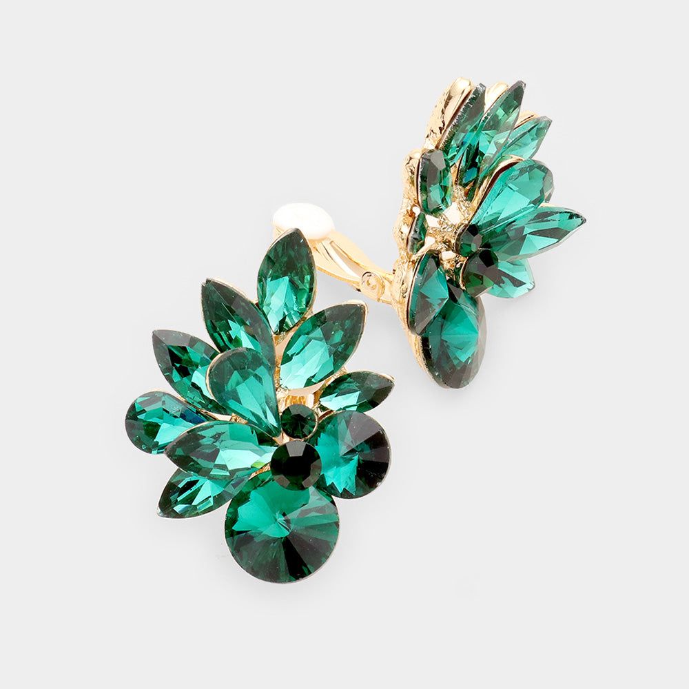 Emerald Floral Clip On Pageant Earrings | Interview Earrings | 242615