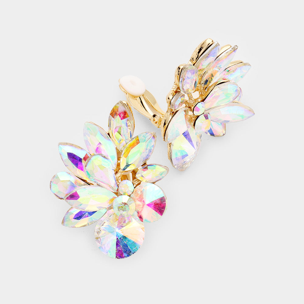 AB Crystal Leaf Clip On Stud Earrings on Gold | 235420