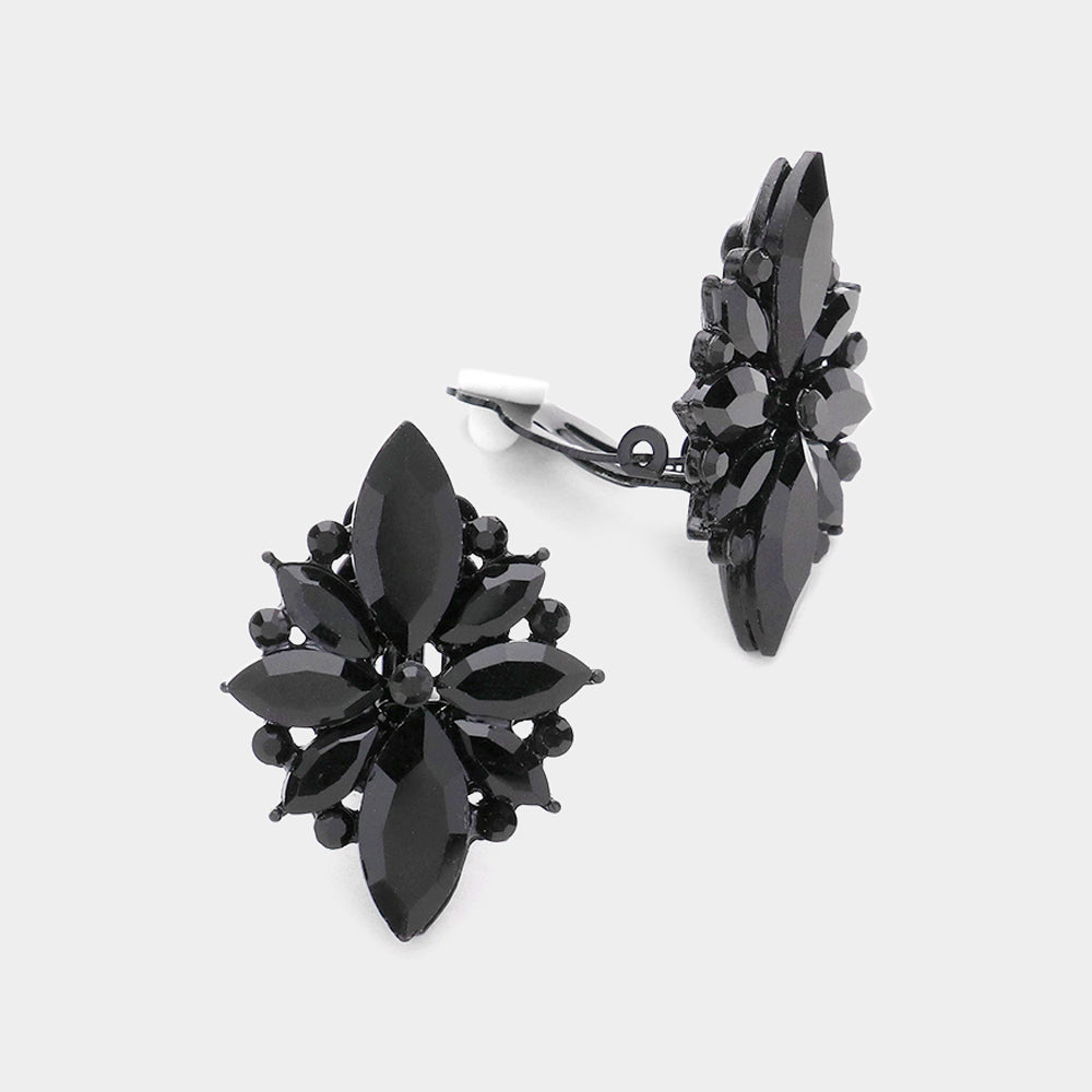 Black Marquise Stone Cluster Clip On Pageant Earrings | Interview Earrings |584285