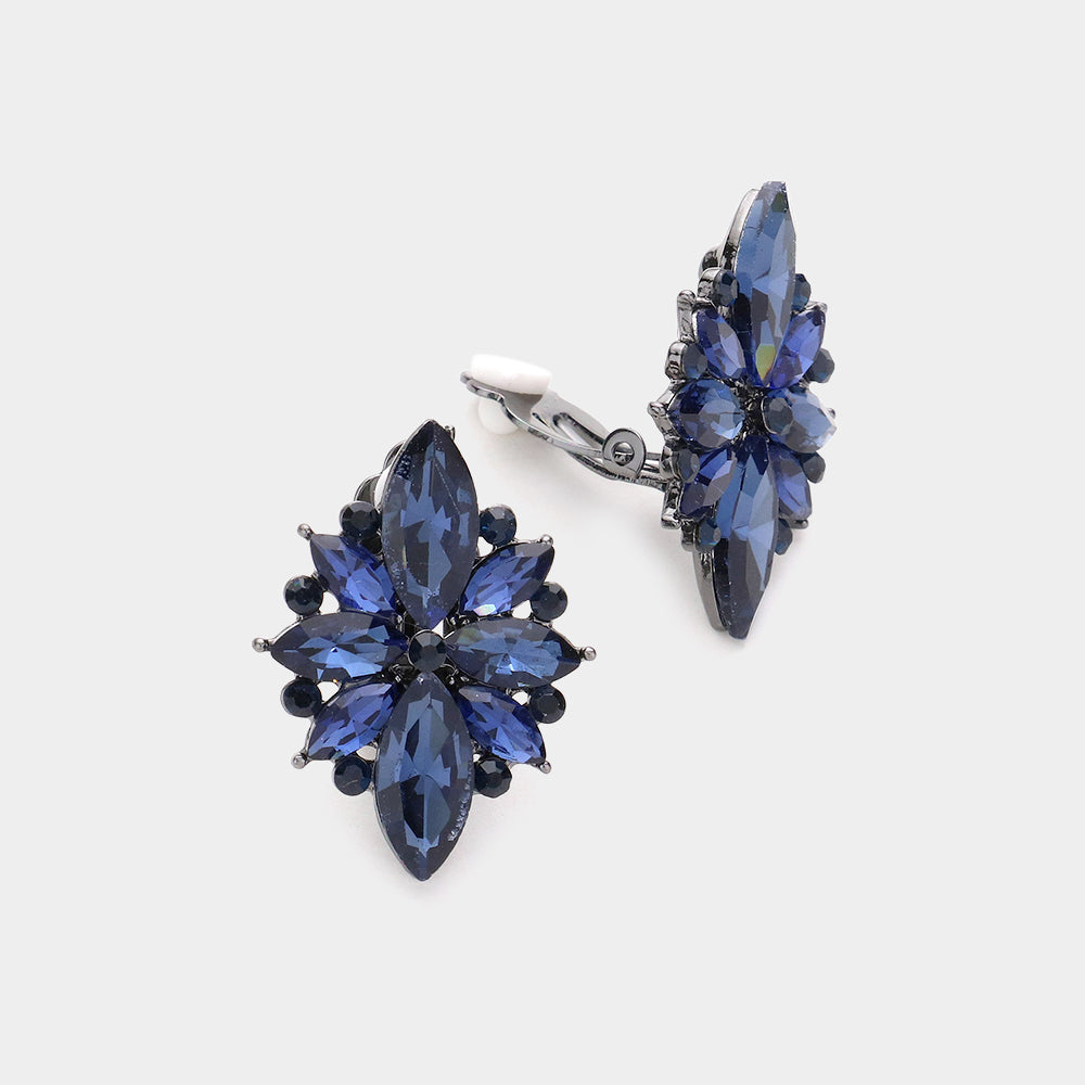 Navy Marquise Stone Cluster Clip On Pageant Earrings | Interview Earrings |584286