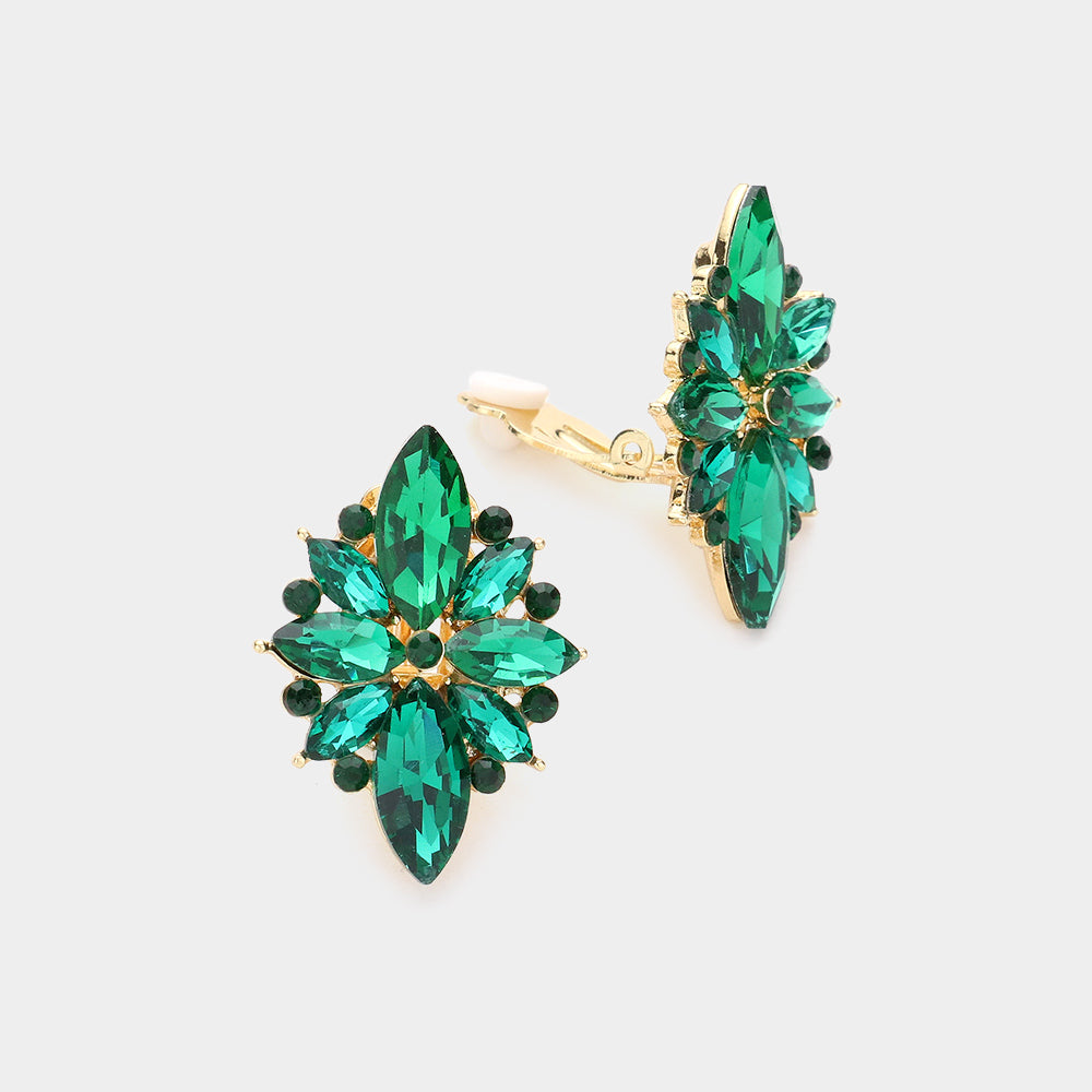 Emerald Marquise Stone Cluster Clip On Pageant Earrings | Interview Earrings |584289