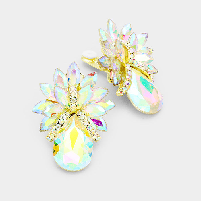 AB Crystal Petal Teardrop Clip On Pageant Earrings on Gold | Prom Earrings | 235415