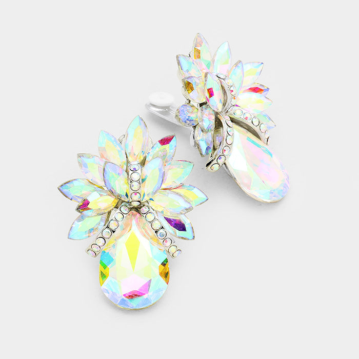 AB Crystal Petal Teardrop Clip On Pageant Earrings | Prom Earrings | 235416